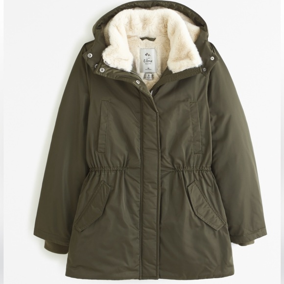 🎄 Abercrombie & Fitch Green Sherpa Lined Hooded Parka - Picture 3 of 16
